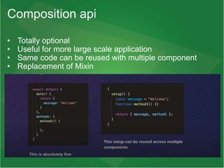 Composition api
• Totally optional
• Useful for more large scale application
• Same code can be reused with multiple component
• Replacement of Mixin
 
