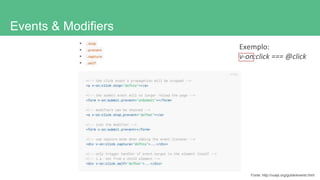 Events & Modifiers
Fonte: http://vuejs.org/guide/events.html
Exemplo:
v-on:click === @click
 