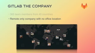 GITLAB THE COMPANY
‣ 365 team members from 45 countries
‣ Remote only company with no ofﬁce location
 
