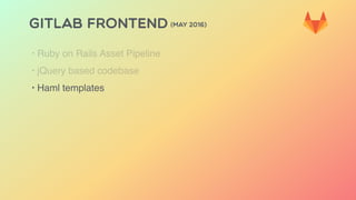 GITLAB FRONTEND (MAY 2016)
‣ Ruby on Rails Asset Pipeline
‣ jQuery based codebase
‣ Haml templates
 