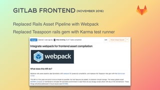 GITLAB FRONTEND (NOVEMBER 2016)
Replaced Rails Asset Pipeline with Webpack
Replaced Teaspoon rails gem with Karma test runner
 