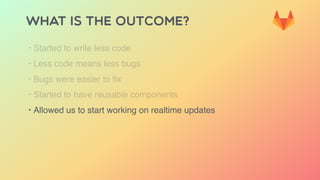 WHAT IS THE OUTCOME?
‣ Started to write less code
‣ Less code means less bugs
‣ Bugs were easier to ﬁx
‣ Started to have reusable components
‣ Allowed us to start working on realtime updates
 
