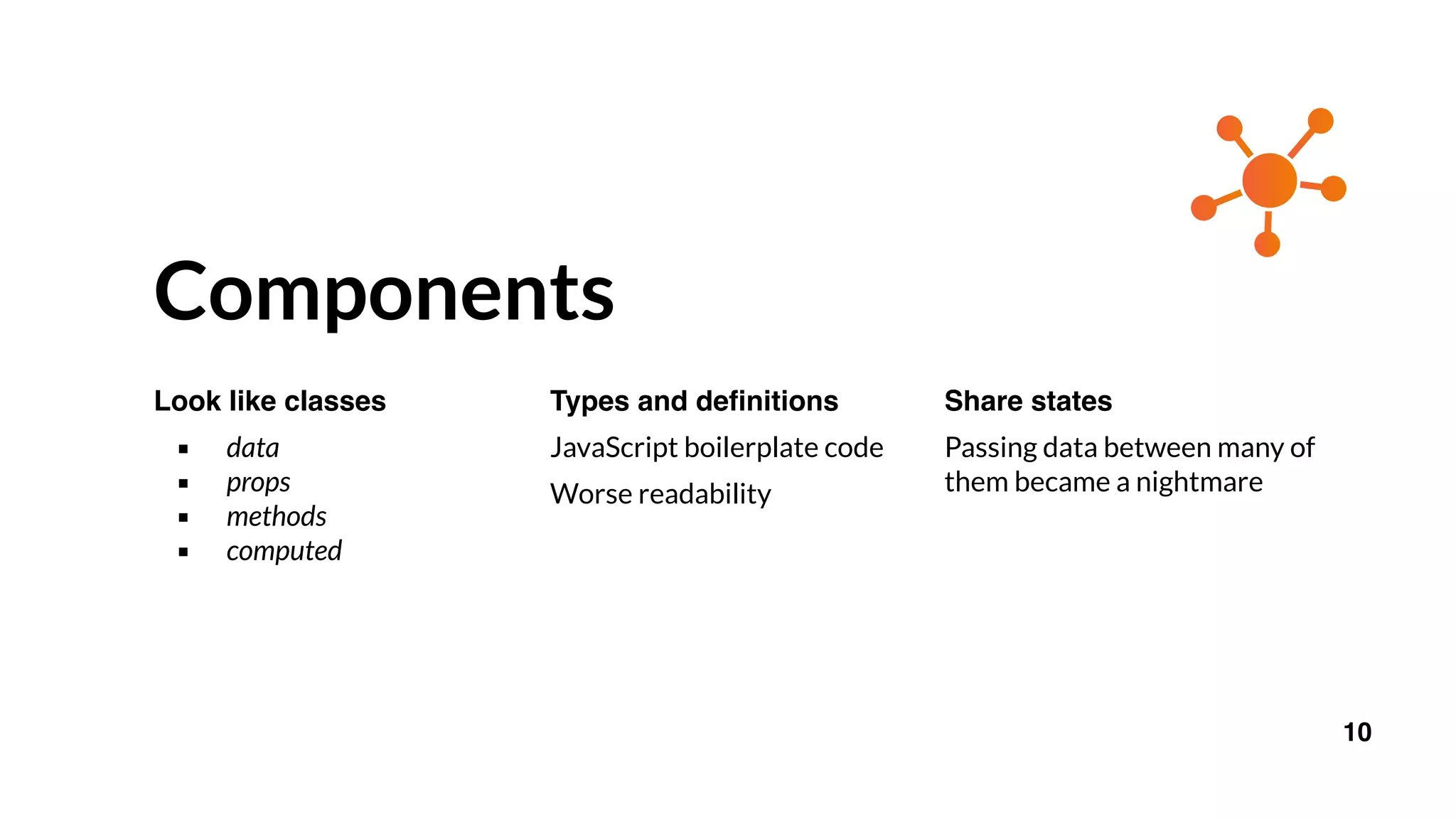 Components
Look like classes
▪ data
▪ props
▪ methods
▪ computed
Types and definitions
JavaScript boilerplate code
Worse readability
Share states
Passing data between many of
them became a nightmare
10
 