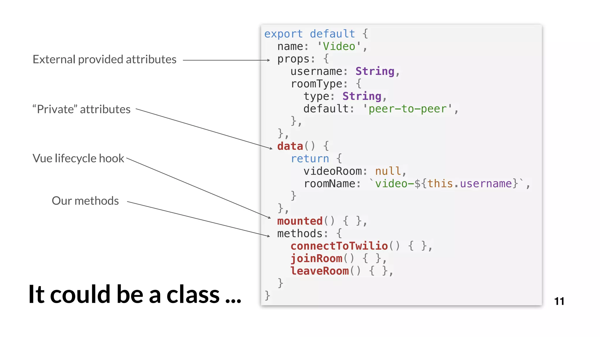 11It could be a class ...
Our methods
Vue lifecycle hook
“Private” attributes
External provided attributes
export default {
name: 'Video',
props: {
username: String,
roomType: {
type: String,
default: 'peer-to-peer',
},
},
data() {
return {
videoRoom: null,
roomName: `video-${this.username}`,
}
},
mounted() { },
methods: {
connectToTwilio() { },
joinRoom() { },
leaveRoom() { },
}
}
 