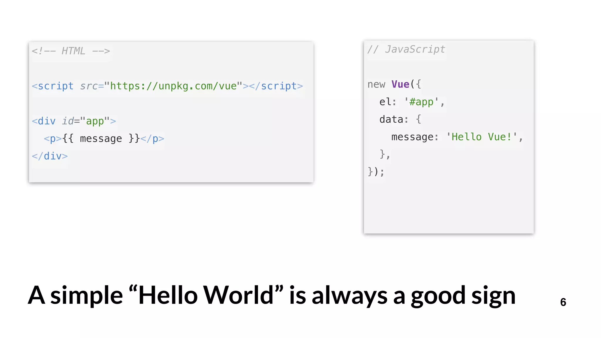 6A simple “Hello World” is always a good sign
<!-- HTML -->
<script src="https://unpkg.com/vue"></script>
<div id="app">
<p>{{ message }}</p>
</div>
// JavaScript
new Vue({
el: '#app',
data: {
message: 'Hello Vue!',
},
});
 