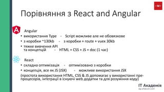Порівняння з React and Angular
Angular
• використання Type - Script можливе але не обовязкове
• з коробки ~130kb - з короб...