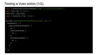 Testing a Vuex action (1/2).
import { sendInitialDirectContactResponse } from 'src/store/actions/workflow';
import store from 'src/store';
const state = store.state;
import { testAction } from './helper';
describe('sendInitialDirectContactResponse action.', () => {
beforeEach(() => {
state.workflow.workflowTask = {
id: 1,
conversationThread: {
id: 2,
},
initialDirectContact: {
id: 3,
},
};
...
});
 