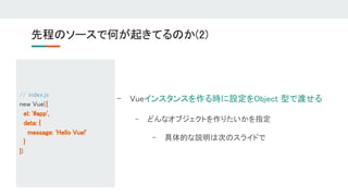 - Vueインスタンスを作る時に設定をObject 型で渡せる 
- どんなオブジェクトを作りたいかを指定 
- 具体的な説明は次のスライドで 
先程のソースで何が起きてるのか(2) 
 
// index.js 
new Vue({ 
el: '#app', 
data: { 
message: 'Hello Vue!'  
} 
}) 
 