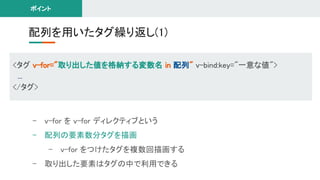 配列を用いたタグ繰り返し(1) 
- v-for を v-for ディレクティブという 
- 配列の要素数分タグを描画 
- v-for をつけたタグを複数回描画する 
- 取り出した要素はタグの中で利用できる 
<タグ v-for="取り出した値を格納する変数名 in 配列" v-bind:key="一意な値"> 
... 
</タグ> 
ポイント 
 