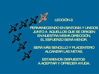 LECCIÓN 2: PERMANECIENDO EN SINTONÍA Y UNIDOS JUNTO A  AQUELLOS QUE SE DIRIGEN EN NUESTRA MISMA DIRECCIÓN, EL ESFUERZO SERÁ MENOR. SERÁ MÁS SENCILLO Y PLACENTERO ALCANZAR LAS METAS. ESTAREMOS DISPUESTOS  A ACEPTAR Y OFRECER AYUDA. 