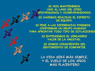 SI HACEMOS REALIDAD EL ESPIRITU
DE EQUIPO.
SI PESE A LAS DIFERENCIAS PODEMOS
CONFORMAR UN GRUPO HUMANO
PARA AFRONTAR TODO TIPO DE SITUACIONES
SI ENTENDEMOS EL VERDADERO
VALOR DE LA AMISTAD.
SI SOMOS CONSCIENTES DEL
SENTIMIENTO DE COMPARTIR.
LA VIDA SERÁ MÁS SIMPLE,LA VIDA SERÁ MÁS SIMPLE,
Y EL VUELO DE LOS AÑOSY EL VUELO DE LOS AÑOS
MÁS PLACENTEROMÁS PLACENTERO
SI NOS MANTENEMOS
UNO AL LADO DEL OTRO,
APOYÁNDONOS Y ACOMPAÑÁNDONOS.
 