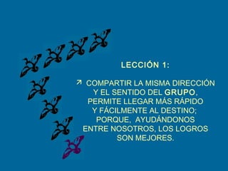 LECCIÓN 1:
 COMPARTIR LA MISMA DIRECCIÓN
Y EL SENTIDO DEL GRUPO,
PERMITE LLEGAR MÁS RÁPIDO
Y FÁCILMENTE AL DESTINO;
PORQUE, AYUDÁNDONOS
ENTRE NOSOTROS, LOS LOGROS
SON MEJORES.
 