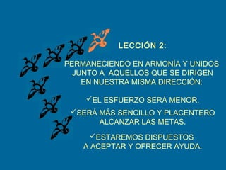 LECCIÓN 2:
PERMANECIENDO EN ARMONÍA Y UNIDOS
JUNTO A AQUELLOS QUE SE DIRIGEN
EN NUESTRA MISMA DIRECCIÓN:
EL ESFUERZO SERÁ MENOR.
SERÁ MÁS SENCILLO Y PLACENTERO
ALCANZAR LAS METAS.
ESTAREMOS DISPUESTOS
A ACEPTAR Y OFRECER AYUDA.
 