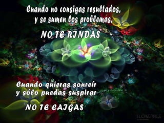 Cuando no consigas resultados,  y se sumen los problemas,  NO TE RINDAS Cuando quieras sonreír  y sólo puedas suspirar  NO TE CAIGAS 