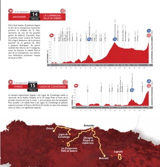 Otro final inédito. El pelotón llegará
al alto de La Camperona superando
primero la Collada de la Hoz,
escenario de una de las grandes
gestas de Alberto Contador. Aquí
el pinteño atacó camino de Fuente
Dé y logró desbancar de la primera
posición de la general de 2012
a Joaquim Rodríguez. Se pasará
también San Glorio, de 1ª categoría,
antes de alcanzar la subida final al
alto de La Camperona. Los últimos
tres kilómetros presentan rampas
de hasta el 24%.
LA CAMPERONA.
VALLE DE SABERO
SANTANDER
6 de septiembre
14
199,0 km
ETAPA
Oruña/10m
0
200
400
600
Km 199
Torrelavega/10m
19
Barreda/10m
16
Tama/255m
99,476,8
800
1000
1200
1400
LlánavesdelaReina/1.285m
136
ColladadelaHoz/655m
1600
129,4
PuertodeSanGlorio/1.609m
6
Potes/300m
102,4
SANTANDER/30m
LACAMPERONA.VALLEDESABERO/1.595m
0 10 20 30 40 50 60 70 80 90 100 110 120 130 140 150 160 170 180 190
PuenteSanMiguel/25m
22
Quijas/130m
26 29SanEsteban/75m 32,5
VirgendelaPeña/100m
36
CabezóndelaSal/130m
Requejo/90m
43
Labarces/195m
52
Bielva/150m
60
LaFuente/350m
72
Piñeres/550m
79
Caldas/235m
85
LaHermida/115m
87
LaVega/480m
109,7
BarnierodelaReina/1.150m
146,5
BocadeHuérgano/1.115m
150
Riaño/1.130m
158,3
LasSalas/1.030m
171,5
Crémenes/1.010m
176,5
La siempre espectacular llegada a los Lagos de Covadonga vuelve al
recorrido de La Vuelta a España en la 15ª etapa. Todo el inicio de la
jornada transcurrirá por la costa y será propicia para las escapadas.
Para acceder a la subida final a los Lagos de Covadonga el pelotón
superará primero el Puerto del Torno. El triunfo en esta cima siempre
tiene un valor y un significado especial.
LAGOS DE COVADONGAOVIEDO
7 de septiembre
15
149,0 km
ETAPA
Gijón/10m
0
200
400
600
Km 149
Villaviciosa/10m
52
Lastres/75m
69
Colunga/15m
74
800
1000
1200
114,3
PuertodelTorno/520m
24
Berbes/60m
86
OVIEDO/150m
LAGOSDECOVADONGA/1.120m
0 10 20 30 40 50 60 70 80 90 100 110 120 130 140
SanEstebandeLeces/70m
91
Ribadesella/10m
95
Nueva/60m
106
Covadonga/200m
136
 