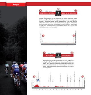 Etapas
JEREZDELAFRONTERA/55m
JEREZDELAFRONTERA/55m
0 5 10
0
200
400
Km 12,6
LaVuelta 2014 comenzará con una contrarreloj por equipos en la ciudad de Jerez
de la Frontera.Serán 12,6 kilómetros que tendrán que recorrer los equipos para
conocer el nombre del primer líder de esta edición. Se trata de un recorrido
urbano, muy andaluz, en el que los ciclistas pasarán por algunos de los puntos
emblemáticos de la localidad gaditana que servirá como punto de partida de
La Vuelta. Será un circuito corto y principalmente técnico en el que no habrá
muchas diferencias entre los equipos.
23 de agosto
1
12,6 km
ETAPA
JEREZ DE LA FRONTERA JEREZ DE LA FRONTERA
ElBurgo/340m
0
200
400
600
Km 174,4
Tarifa/45m
18,5
ConildelaFrontera/55m
94,211,2
800
ElPuertodeSantaMaría/10m
146,3
AltodelCabrito/340m
0 10 20 30 40 50 60 70 80 90 100 110 120 130 140 150 160 170
7,8
ElMarquesado/25m
120,8
ALGECIRAS/40m
SANFERNANDO/10m
LaZarzuela/35m
53,6
ZaharadelosAtunes/10m
58,1
Barbate/10m
68
PuertoReal/10m
132
Cádiz/10m
163,5
Primera etapa en línea de LaVuelta 2014 con salida en Algeciras
y llegada en San Fernando. Se trata de una etapa llana, con un
puerto de 3ª categoría en la primera parte del recorrido. Será
una jornada de nervios en la que el viento se podría convertir en
uno de los protagonistas en los últimos kilómetros.Día propicio
para los sprinters.
SAN FERNANDOALGECIRAS
24 de agosto
2
174,4 km
ETAPA
 