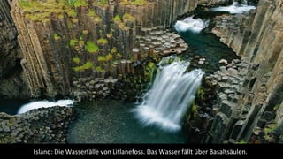 Island: Die Wasserfälle von Litlanefoss. Das Wasser fällt über Basaltsäulen.
 
