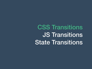 CSS Transitions
JS Transitions
State Transitions
 