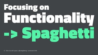 Focusing on
Functionality
-> Spaghetti
12 TDD in Vue with Cypress - @CodingItWrong - connect.tech 2018
 