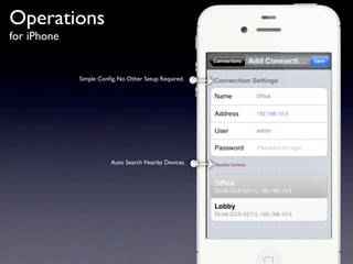 Operations
for iPhone


             Simple Conﬁg, No Other Setup Required.




                        Auto Search Nearby Devices.
 