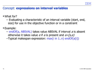 © 2014 IBM Corporation15
Concept: expressions on interval variables
 What for?
– Evaluating a characteristic of an interval variable (start, end,
size) for use in the objective function or in a constraint
 Example:
– endOf(a, ABSVAL) takes value ABSVAL if interval a is absent
otherwise it takes value e if a is present and a=[s,e)
–Typical makespan expression: max(i in 1..n) endOf(a[i])
 