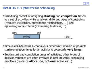 © 2014 IBM Corporation3
IBM ILOG CP Optimizer for Scheduling
 Scheduling consist of assigning starting and completion times
to a set of activities while satisfying different types of constraints
(resource availability, precedence relationships, … ) and
optimizing some criteria (minimizing tardiness, …)
 Time is considered as a continuous dimension: domain of possible
start/completion times for an activity is potentially very large
 Beside start and completion times of activities, other types of
decision variables are often involved in real industrial scheduling
problems (resource allocation, optional activities …)
start end
Timeactivity
 