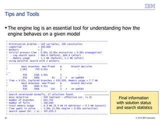 © 2014 IBM Corporation48
Tips and Tools
 The engine log is an essential tool for understanding how the
engine behaves on a given model
! -----------------------------------------------------------------------
! Minimization problem - 110 variables, 100 constraints
! LogPeriod = 100,000
! Workers = 2
! Initial process time : 0.00s (0.00s extraction + 0.00s propagation)
! . Log search space : 664.4 (before), 664.4 (after)
! . Memory usage : 1.1 MB (before), 1.2 MB (after)
! Using parallel search with 2 workers.
! -----------------------------------------------------------------------
! Best Branches Non-fixed W Branch decision
* 1,062 739 0.01s 1 -
...
* 936 136k 3.69s 1 -
936 300k 85 2 F on op#0#9
! Time = 4.05s, Explored branches = 450,928, Memory usage = 7.7 MB
! Best Branches Non-fixed W Branch decision
* 930 166k 4.55s 1 -
930 200k 110 1 F on op#5#1
! -----------------------------------------------------------------------
! Search terminated normally, 17 solutions found.
! Best objective : 930 (optimal - effective tol. is 0)
! Number of branches : 641,352
! Number of fails : 266,640
! Total memory usage : 6.9 MB (6.4 MB CP Optimizer + 0.5 MB Concert)
! Time spent in solve : 5.99s (5.99s engine + 0.00s extraction)
! Search speed (br. / s) : 107,070.5
! -----------------------------------------------------------------------
Final information
with solution status
and search statistics
 