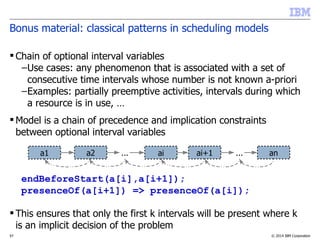 © 2014 IBM Corporation57
Bonus material: classical patterns in scheduling models
 Chain of optional interval variables
–Use cases: any phenomenon that is associated with a set of
consecutive time intervals whose number is not known a-priori
–Examples: partially preemptive activities, intervals during which
a resource is in use, …
 Model is a chain of precedence and implication constraints
between optional interval variables
endBeforeStart(a[i],a[i+1]);
presenceOf(a[i+1]) => presenceOf(a[i]);
 This ensures that only the first k intervals will be present where k
is an implicit decision of the problem
a1 a2 ai ai+1 an... ...
 