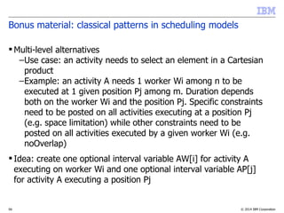 © 2014 IBM Corporation59
Bonus material: classical patterns in scheduling models
 Multi-level alternatives
–Use case: an activity needs to select an element in a Cartesian
product
–Example: an activity A needs 1 worker Wi among n to be
executed at 1 given position Pj among m. Duration depends
both on the worker Wi and the position Pj. Specific constraints
need to be posted on all activities executing at a position Pj
(e.g. space limitation) while other constraints need to be
posted on all activities executed by a given worker Wi (e.g.
noOverlap)
 Idea: create one optional interval variable AW[i] for activity A
executing on worker Wi and one optional interval variable AP[j]
for activity A executing a position Pj
 