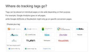 Tags can be placed on individual pages or site wide depending on their purpose.
For example, Google Analytics goes on all pages,
while Google AdWords or Doubleclick might only go on specific conversion pages.
Where do tracking tags go?
 