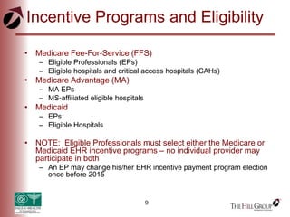 9
Incentive Programs and Eligibility
• Medicare Fee-For-Service (FFS)
– Eligible Professionals (EPs)
– Eligible hospitals and critical access hospitals (CAHs)
• Medicare Advantage (MA)
– MA EPs
– MS-affiliated eligible hospitals
• Medicaid
– EPs
– Eligible Hospitals
• NOTE: Eligible Professionals must select either the Medicare or
Medicaid EHR incentive programs – no individual provider may
participate in both
– An EP may change his/her EHR incentive payment program election
once before 2015
 