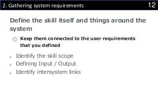 122. Gathering system requirements
Keep them connected to the user requirements
that you defined
Define the skill itself and things around the
system
 Identify the skill scope
 Defining Input / Output
 Identify intersystem links
 