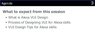 3Agenda
What to expect from this session
• What is Alexa VUI Design
• Process of Designing VUI for Alexa skills
• VUI Design Tips for Alexa skills
 