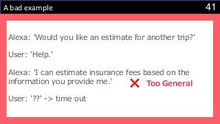 41A bad example
Alexa: 'Would you like an estimate for another trip?'
User: 'Help.'
Alexa: 'I can estimate insurance fees based on the
information you provide me.'
User: '??' -> time out
Too General
 