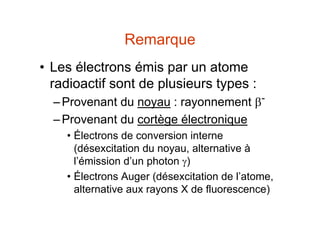 Remarque
• Les électrons émis par un atome
radioactif sont de plusieurs types :
–Provenant du noyau : rayonnement -
–Provenant du cortège électronique
• Électrons de conversion interne
(désexcitation du noyau, alternative à
l’émission d’un photon )
• Électrons Auger (désexcitation de l’atome,
alternative aux rayons X de fluorescence)
 