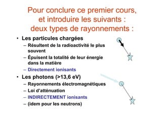 Pour conclure ce premier cours,
et introduire les suivants :
deux types de rayonnements :
• Les particules chargées
– Résultent de la radioactivité le plus
souvent
– Épuisent la totalité de leur énergie
dans la matière
– Directement ionisants
• Les photons (>13,6 eV)
– Rayonnements électromagnétiques
– Loi d’atténuation
– INDIRECTEMENT ionisants
– (idem pour les neutrons)
 