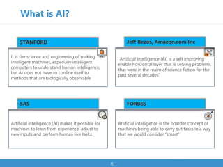 What is AI?
8
It is the science and engineering of making
intelligent machines, especially intelligent
computers to unders...