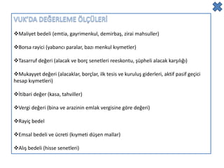 Maliyet bedeli (emtia, gayrimenkul, demirbaş, zirai mahsuller)

Borsa rayici (yabancı paralar, bazı menkul kıymetler)

Tasarruf değeri (alacak ve borç senetleri reeskontu, şüpheli alacak karşılığı)

Mukayyet değeri (alacaklar, borçlar, ilk tesis ve kuruluş giderleri, aktif pasif geçici
hesap kıymetleri)

İtibari değer (kasa, tahviller)

Vergi değeri (bina ve arazinin emlak vergisine göre değeri)

Rayiç bedel

Emsal bedeli ve ücreti (kıymeti düşen mallar)

Alış bedeli (hisse senetleri)
 