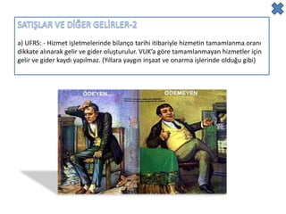 a) UFRS: - Hizmet işletmelerinde bilanço tarihi itibariyle hizmetin tamamlanma oranı
dikkate alınarak gelir ve gider oluşturulur. VUK’a göre tamamlanmayan hizmetler için
gelir ve gider kaydı yapılmaz. (Yıllara yaygın inşaat ve onarma işlerinde olduğu gibi)
 