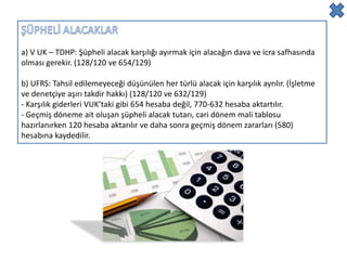 a) V UK – TDHP: Şüpheli alacak karşılığı ayırmak için alacağın dava ve icra safhasında
olması gerekir. (128/120 ve 654/129)

b) UFRS: Tahsil edilemeyeceği düşünülen her türlü alacak için karşılık ayrılır. (İşletme
ve denetçiye aşırı takdir hakkı) (128/120 ve 632/129)
- Karşılık giderleri VUK’taki gibi 654 hesaba değil, 770-632 hesaba aktartılır.
- Geçmiş döneme ait oluşan şüpheli alacak tutarı, cari dönem mali tablosu
hazırlanırken 120 hesaba aktarılır ve daha sonra geçmiş dönem zararları (580)
hesabına kaydedilir.
 