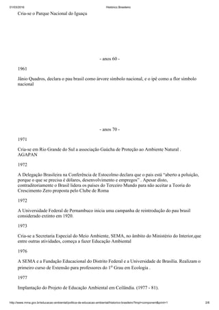 01/03/2016 Histórico Brasileiro
http://www.mma.gov.br/educacao­ambiental/politica­de­educacao­ambiental/historico­brasileiro?tmpl=component&print=1 2/8
Cria­se o Parque Nacional do Iguaçu
 
 
­ anos 60 ­
1961
Jânio Quadros, declara o pau brasil como árvore símbolo nacional, e o ipê como a flor símbolo
nacional
 
 
­ anos 70 ­
1971
Cria­se em Rio Grande do Sul a associação Gaúcha de Proteção ao Ambiente Natural .
AGAPAN
1972
A Delegação Brasileira na Conferência de Estocolmo declara que o pais está “aberto a poluição,
porque o que se precisa é dólares, desenvolvimento e empregos” . Apesar disto,
contraditoriamente o Brasil lidera os países do Terceiro Mundo para não aceitar a Teoria do
Crescimento Zero proposta pelo Clube de Roma
1972
A Universidade Federal de Pernambuco inicia uma campanha de reintrodução do pau brasil
considerado extinto em 1920.
1973
Cria­se a Secretaria Especial do Meio Ambiente, SEMA, no âmbito do Ministério do Interior,que
entre outras atividades, começa a fazer Educação Ambiental
1976
A SEMA e a Fundação Educacional do Distrito Federal e a Universidade de Brasília. Realizam o
primeiro curso de Extensão para professores do 1o Grau em Ecologia .
1977
Implantação do Projeto de Educação Ambiental em Ceilândia. (1977 ­ 81).
 