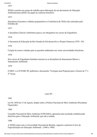 01/03/2016 Histórico Brasileiro
http://www.mma.gov.br/educacao­ambiental/politica­de­educacao­ambiental/historico­brasileiro?tmpl=component&print=1 3/8
1977
SEMA constitui um grupo de trabalho para elaboração de um documento de Educação
Ambiental para definir seu papel no contexto brasileiro.
1977
Seminários Encontros e debates preparatórios à Conferência de Tbilisi são realizados pela
FEEMA­RJ
1977
A disciplina Ciências Ambientais passa a ser obrigatória nos cursos de Engenharia.
1978
A Secretaria de Educação de Rio Grande do Sul desenvolve o Projeto Natureza (1978 ­ 85)
1978
Criação de cursos voltados para as questões ambientais em varias universidades brasileiras.
1978
Nos cursos de Engenharia Sanitária inserem­se as disciplinas de Saneamento Básico e
Saneamento Ambiental
1979
O MEC e a CETESB/ SP, publicam o documento “Ecologia uma Proposta para o Ensino de 1o e
2o Graus.
 
 
­ anos 80 ­
1981
Lei Nr. 6938 do 31 de Agosto, dispõe sobre a Política Nacional do Meio Ambiente (Presidente
Figueiredo)
1984
Conselho Nacional do Meio Ambiente (CONAMA), apresenta uma resolução estabelecendo
diretrizes para a Educação Ambiental, que não é tratada.
1986
A SEMA junto com a Universidade Nacional de Brasília, organiza o primeiro Curso de
Especialização em Educação Ambiental . (1986 a 1988)
 
