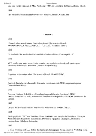 01/03/2016 Histórico Brasileiro
http://www.mma.gov.br/educacao­ambiental/politica­de­educacao­ambiental/historico­brasileiro?tmpl=component&print=1 5/8
Cria­se o Fundo Nacional de Meio Ambiente FNMA no Ministério do Meio Ambiente MMA.
1989
III Seminário Nacional sobre Universidade e Meio Ambiente. Cuiabá. MT
 
 
­ anos 90 ­
1990
I Curso Latino­Americano de Especialização em Educação Ambiental .
PNUMA/IBAMA/CNPq/CAPES/UFMT. CUIABÁ­ MT (1990 a 1994)
1990
IV Seminário Nacional sobre Universidade e Meio Ambiente, Florianópolis, SC.
1991
MEC resolve que todos os currículos nos diversos níveis de ensino deverão contemplar
conteúdos de Educação Ambiental (Portaria 678 (14/05/91).
1991
Projeto de Informações sobre Educação Ambiental , IBAMA/ MEC;
1991
Grupo de Trabalho para Educação Ambiental coordenado pelo MEC, preparatório para a
Conferência do Rio 92.
1991
Encontro Nacional de Políticas e Metodologias para Educação Ambiental . MEC/
IBAMA/Secretaria do Meio Ambiente da Presidência da República/ UNESCO/ Embaixada do
Canadá.
1992
Criação dos Núcleos Estaduais de Educação Ambiental do IBAMA, NEA’s.
1992
Participação das ONG’s do Brasil no Fórum de ONG’s e na redação do Tratado de Educação
Ambiental para Sociedades Sustentáveis. Destaca­se o papel da Educação Ambiental na
construção da Cidadania Ambiental.
1992
O MEC promove no CIAC do Rio das Pedras em Jacarepagua Rio de Janeiro o Workshop sobre
 