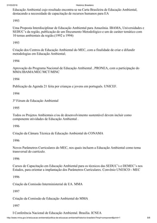 01/03/2016 Histórico Brasileiro
http://www.mma.gov.br/educacao­ambiental/politica­de­educacao­ambiental/historico­brasileiro?tmpl=component&print=1 6/8
Educação Ambiental cujo resultado encontra­se na Carta Brasileira de Educação Ambiental,
destacando a necessidade de capacitação de recursos humanos para EA
1993
Uma Proposta Interdisciplinar de Educação Ambiental para Amazônia. IBAMA, Universidades e
SEDUC’s da região, publicação de um Documento Metodológico e um de caráter temático com
10 temas ambientais da região.(1992 a 1994)
1993
Criação dos Centros de Educação Ambiental do MEC, com a finalidade de criar e difundir
metodologias em Educação Ambiental;
1994
Aprovação do Programa Nacional de Educação Ambiental , PRONEA, com a participação do
MMA/IBAMA/MEC/MCT/MINC
1994
Publicação da Agenda 21 feita por crianças e jovens em português. UNICEF.
1994
3º Fórum de Educação Ambiental
1995
Todos os Projetos Ambientais e/ou de desenvolvimento sustentável devem incluir como
componente atividades de Educação Ambiental .
1996
Criação da Câmara Técnica de Educação Ambiental do CONAMA
1996
Novos Parâmetros Curriculares do MEC, nos quais incluem a Educação Ambiental como tema
transversal do currículo.
1996
Cursos de Capacitação em Educação Ambiental para os técnicos das SEDUC’s e DEMEC’s nos
Estados, para orientar a implantação dos Parâmetros Curriculares. Convênio UNESCO ­ MEC
1996
Criação da Comissão Interministerial de EA. MMA
1997
Criação da Comissão de Educação Ambiental do MMA
1997
I Conferência Nacional de Educação Ambiental. Brasília. ICNEA
 