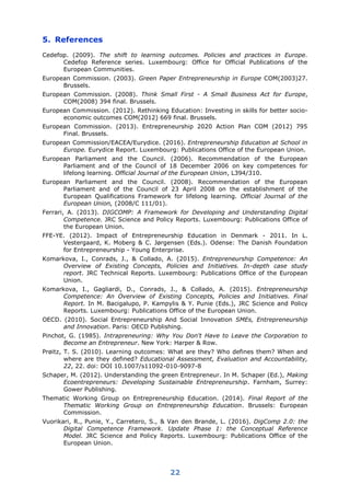 22
5. References
Cedefop. (2009). The shift to learning outcomes. Policies and practices in Europe.
Cedefop Reference series. Luxembourg: Office for Official Publications of the
European Communities.
European Commission. (2003). Green Paper Entrepreneurship in Europe COM(2003)27.
Brussels.
European Commission. (2008). Think Small First - A Small Business Act for Europe,
COM(2008) 394 final. Brussels.
European Commission. (2012). Rethinking Education: Investing in skills for better socio-
economic outcomes COM(2012) 669 final. Brussels.
European Commission. (2013). Entrepreneurship 2020 Action Plan COM (2012) 795
Final. Brussels.
European Commission/EACEA/Eurydice. (2016). Entrepreneurship Education at School in
Europe. Eurydice Report. Luxembourg: Publications Office of the European Union.
European Parliament and the Council. (2006). Recommendation of the European
Parliament and of the Council of 18 December 2006 on key competences for
lifelong learning. Official Journal of the European Union, L394/310.
European Parliament and the Council. (2008). Recommendation of the European
Parliament and of the Council of 23 April 2008 on the establishment of the
European Qualifications Framework for lifelong learning. Official Journal of the
European Union, (2008/C 111/01).
Ferrari, A. (2013). DIGCOMP: A Framework for Developing and Understanding Digital
Competence. JRC Science and Policy Reports. Luxembourg: Publications Office of
the European Union.
FFE-YE. (2012). Impact of Entrepreneurship Education in Denmark - 2011. In L.
Vestergaard, K. Moberg & C. Jørgensen (Eds.). Odense: The Danish Foundation
for Entrepreneurship - Young Enterprise.
Komarkova, I., Conrads, J., & Collado, A. (2015). Entrepreneurship Competence: An
Overview of Existing Concepts, Policies and Initiatives. In-depth case study
report. JRC Technical Reports. Luxembourg: Publications Office of the European
Union.
Komarkova, I., Gagliardi, D., Conrads, J., & Collado, A. (2015). Entrepreneurship
Competence: An Overview of Existing Concepts, Policies and Initiatives. Final
Report. In M. Bacigalupo, P. Kampylis & Y. Punie (Eds.), JRC Science and Policy
Reports. Luxembourg: Publications Office of the European Union.
OECD. (2010). Social Entrepreneurship And Social Innovation SMEs, Entrepreneurship
and Innovation. Paris: OECD Publishing.
Pinchot, G. (1985). Intrapreneuring: Why You Don't Have to Leave the Corporation to
Become an Entrepreneur. New York: Harper & Row.
Prøitz, T. S. (2010). Learning outcomes: What are they? Who defines them? When and
where are they defined? Educational Assessment, Evaluation and Accountability,
22, 22. doi: DOI 10.1007/s11092-010-9097-8
Schaper, M. (2012). Understanding the green Entrepreneur. In M. Schaper (Ed.), Making
Ecoentrepreneurs: Developing Sustainable Entrepreneurship. Farnham, Surrey:
Gower Publishing.
Thematic Working Group on Entrepreneurship Education. (2014). Final Report of the
Thematic Working Group on Entrepreneurship Education. Brussels: European
Commission.
Vuorikari, R., Punie, Y., Carretero, S., & Van den Brande, L. (2016). DigComp 2.0: the
Digital Competence Framework. Update Phase 1: the Conceptual Reference
Model. JRC Science and Policy Reports. Luxembourg: Publications Office of the
European Union.
 