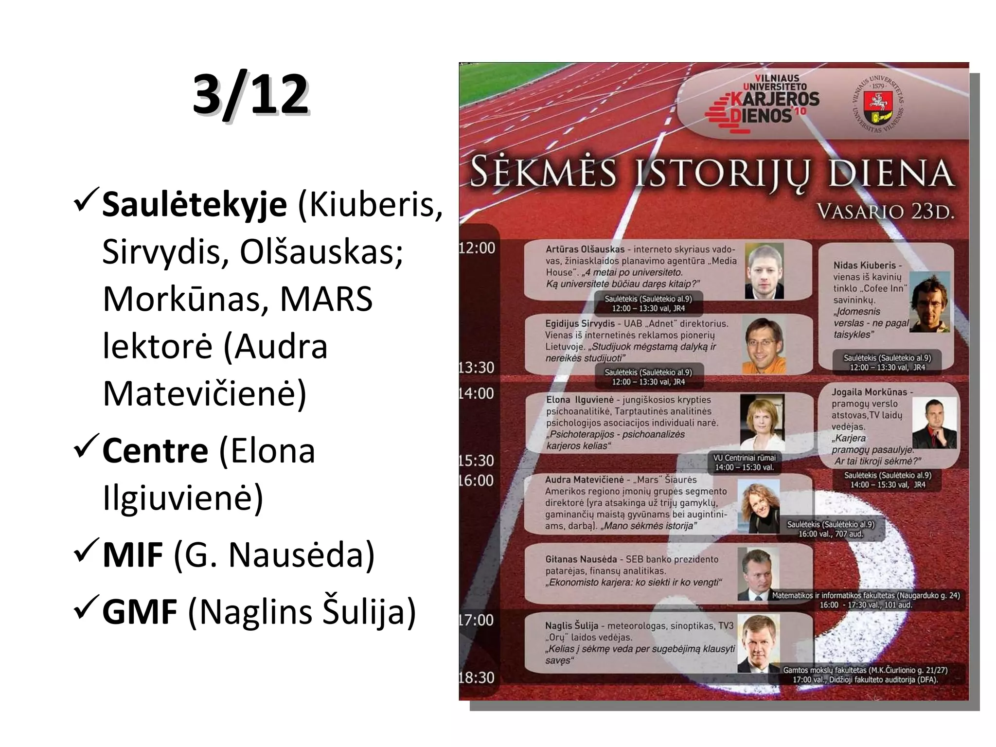 3/12 Saulėtekyje  (Kiuberis, Sirvydis, Olšauskas; Morkūnas, MARS lektorė (Audra Matevičienė) Centre  (Elona Ilgiuvienė) MIF  (G. Nausėda) GMF  (Naglins Šulija) 