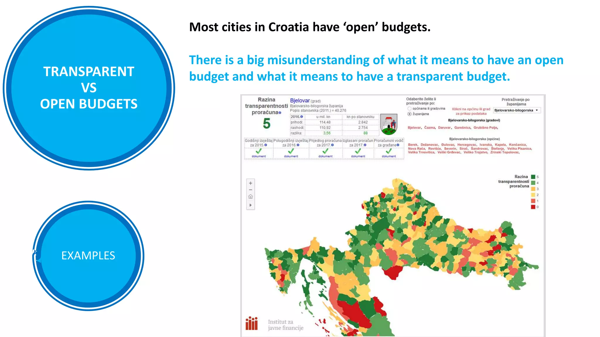 Most cities in Croatia have ‘open’ budgets.
There is a big misunderstanding of what it means to have an open
budget and what it means to have a transparent budget.TRANSPARENT
VS
OPEN BUDGETS
EXAMPLES
 