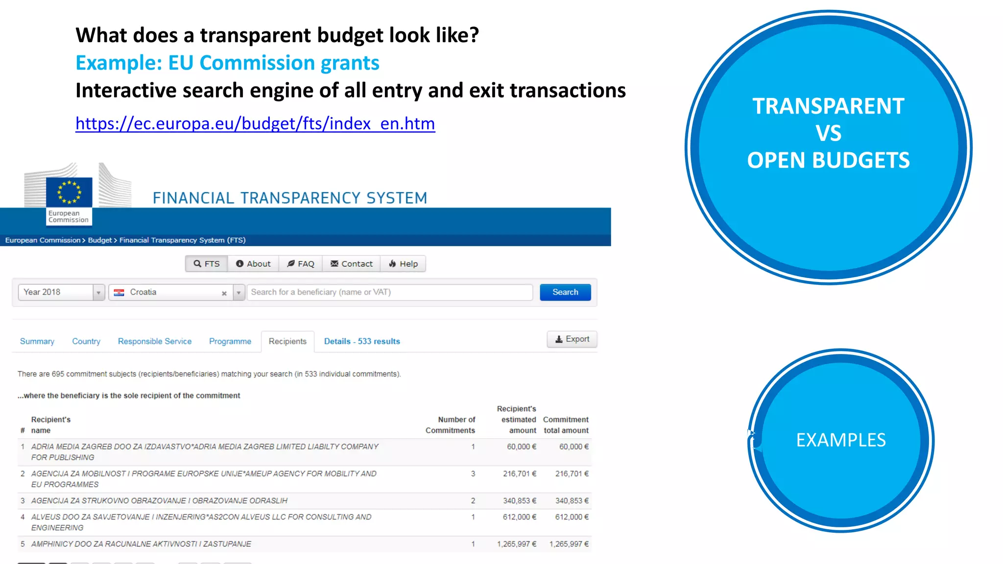 TRANSPARENT
VS
OPEN BUDGETS
What does a transparent budget look like?
Example: EU Commission grants
Interactive search engine of all entry and exit transactions
EXAMPLES
https://ec.europa.eu/budget/fts/index_en.htm
 