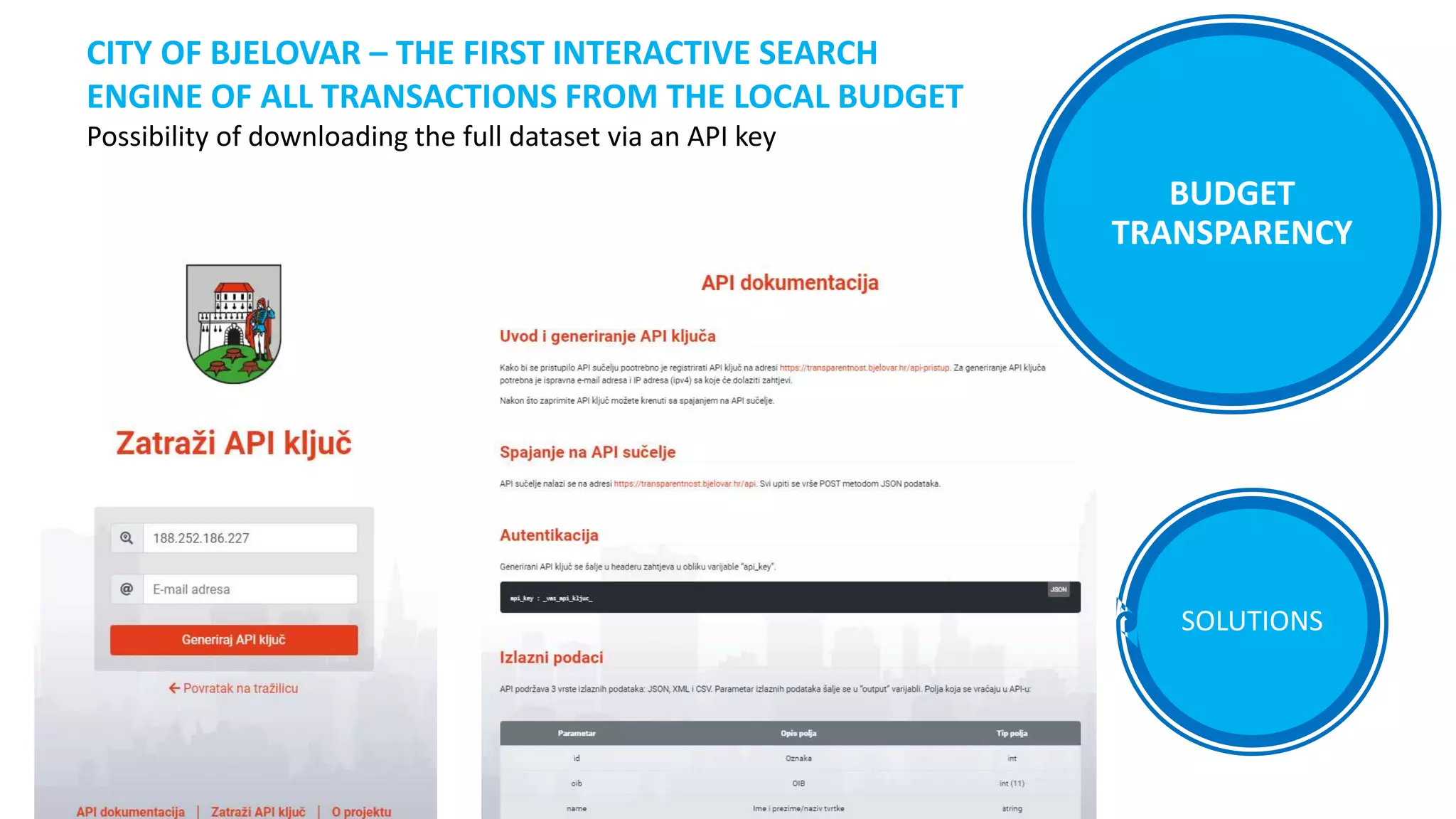 SOLUTIONS
CITY OF BJELOVAR – THE FIRST INTERACTIVE SEARCH
ENGINE OF ALL TRANSACTIONS FROM THE LOCAL BUDGET
Possibility of downloading the full dataset via an API key
BUDGET
TRANSPARENCY
 
