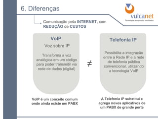 Transforma a voz analógica em um código para poder transmitir via rede de dados (digital) VoIP ≠ VoIP é um conceito comum onde ainda existe um PABX Possibilita a integração entre a Rede IP e a rede de telefonia pública convencional, utilizando a tecnologia VoIP Telefonia IP A Telefonia IP substitui e agrega novos aplicativos de um PABX de grande porte Comunicação pela  INTERNET ,  com  REDUÇÃO  de  CUSTOS 6. Diferenças Voz sobre IP 